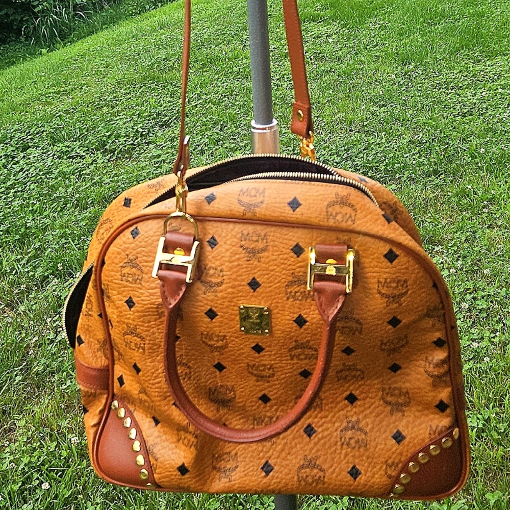 MCM Tan and Brown Satchel with Iconic Monogram and Gold Hardware W/ COA